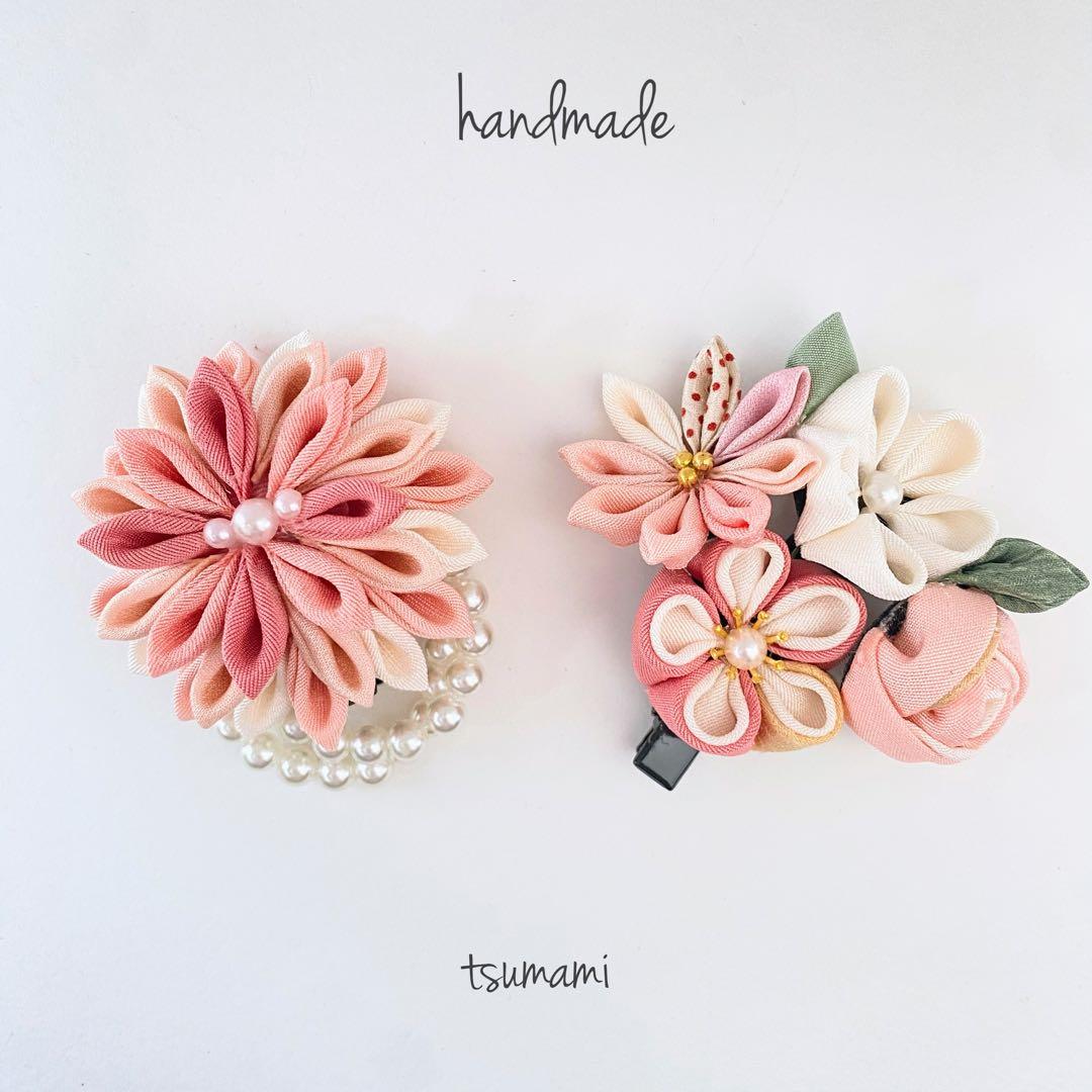 127つまみ細工　髪飾り　正絹　　ピンク　七五三　3歳　7歳ハンドメイド