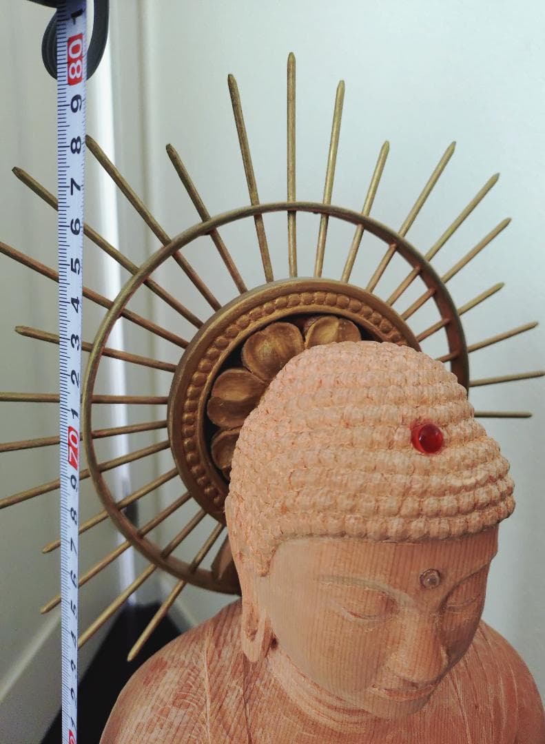 阿弥陀如来像　木彫り　八角台座付　放射光背付　80cm 立像　専用木箱付