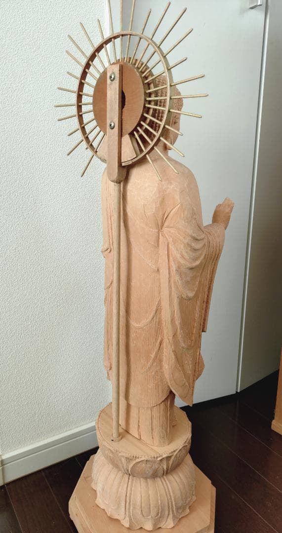 阿弥陀如来像　木彫り　八角台座付　放射光背付　80cm 立像　専用木箱付