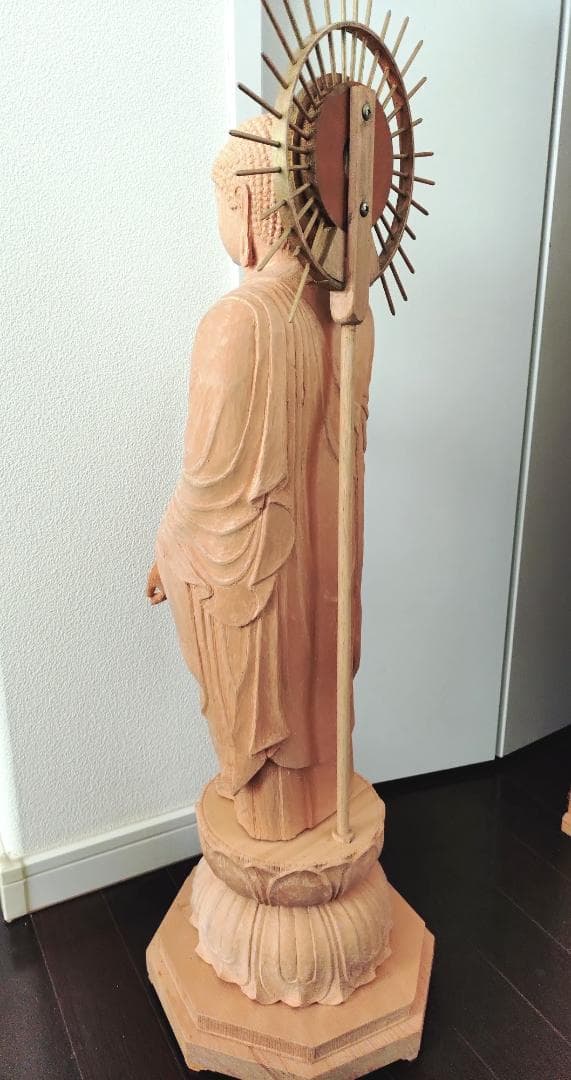 阿弥陀如来像　木彫り　八角台座付　放射光背付　80cm 立像　専用木箱付