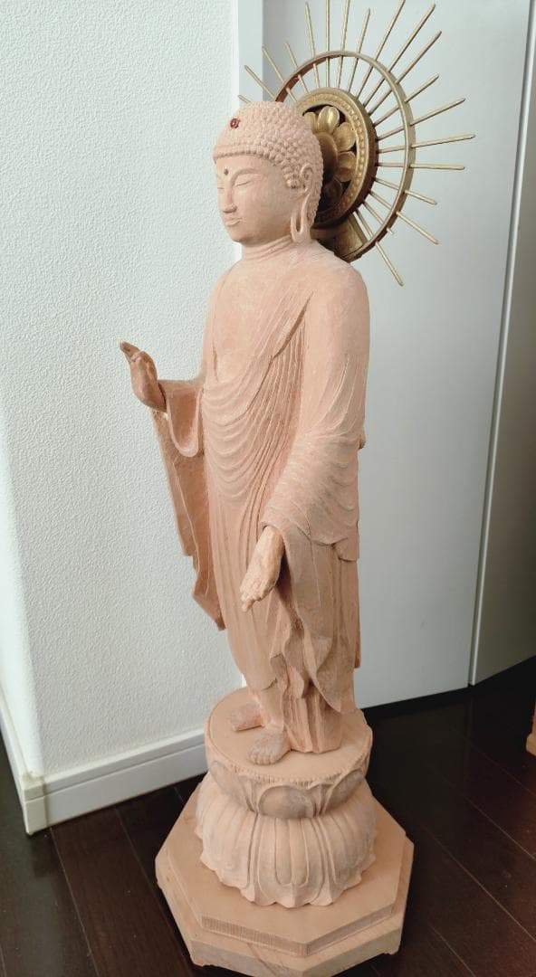 阿弥陀如来像　木彫り　八角台座付　放射光背付　80cm 立像　専用木箱付