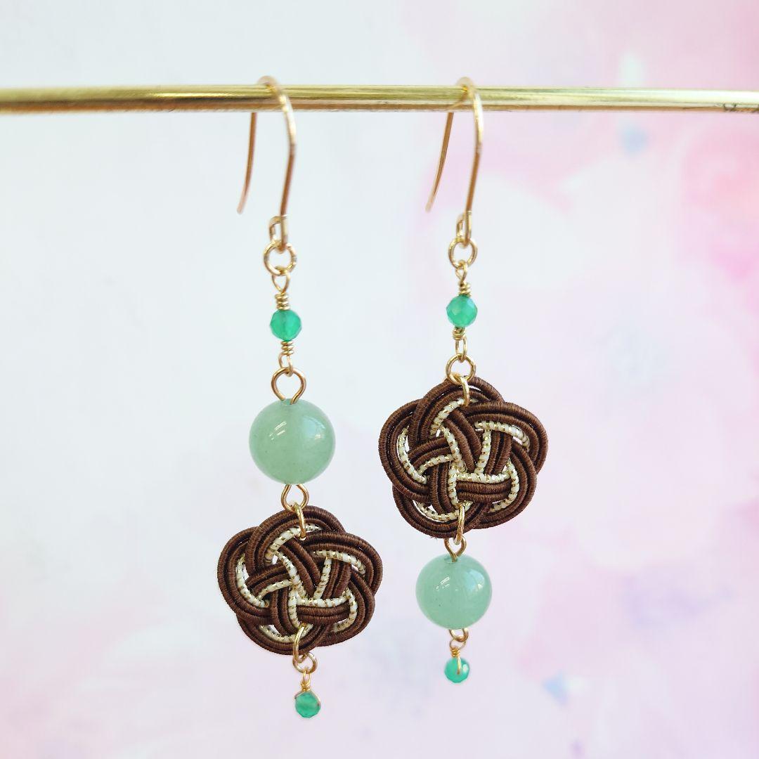 D444 水引&天然石 和風 アシンメトリー ロングピアス アベンチュリン