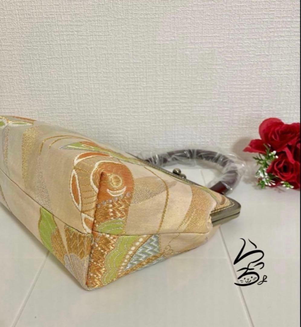 帯リメイク 蝶々 持ち手付きがま口バッグ