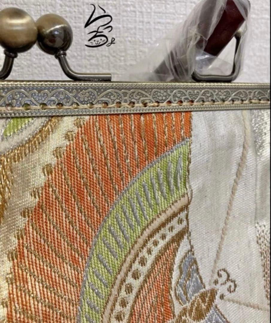 帯リメイク 蝶々 持ち手付きがま口バッグ