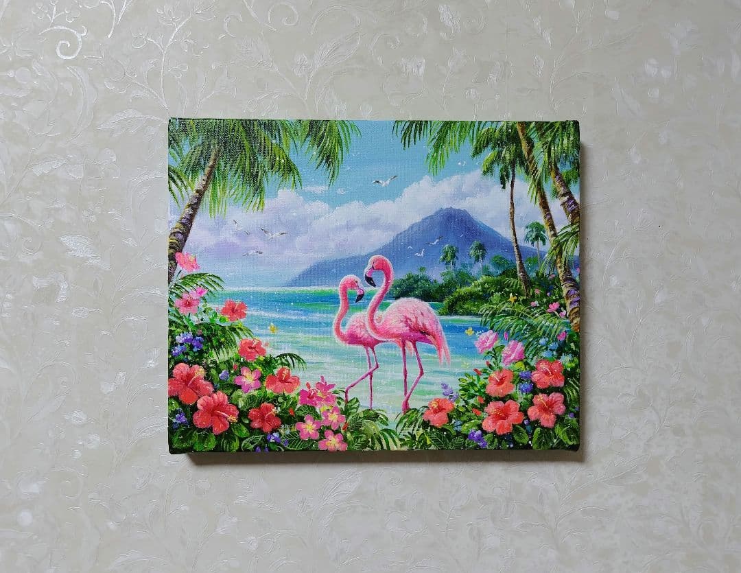 【フラミンゴ】アクリル画 F3 風景画 絵画