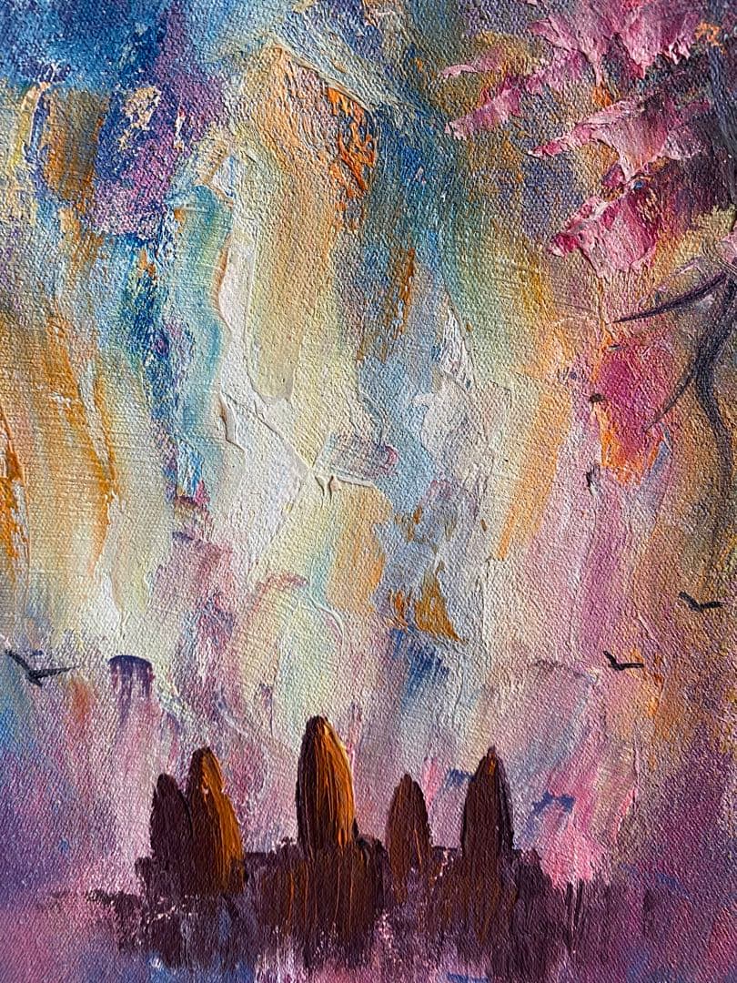 抽象画 青 紫 金色 キャンバス