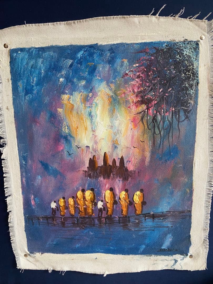 抽象画 青 紫 金色 キャンバス