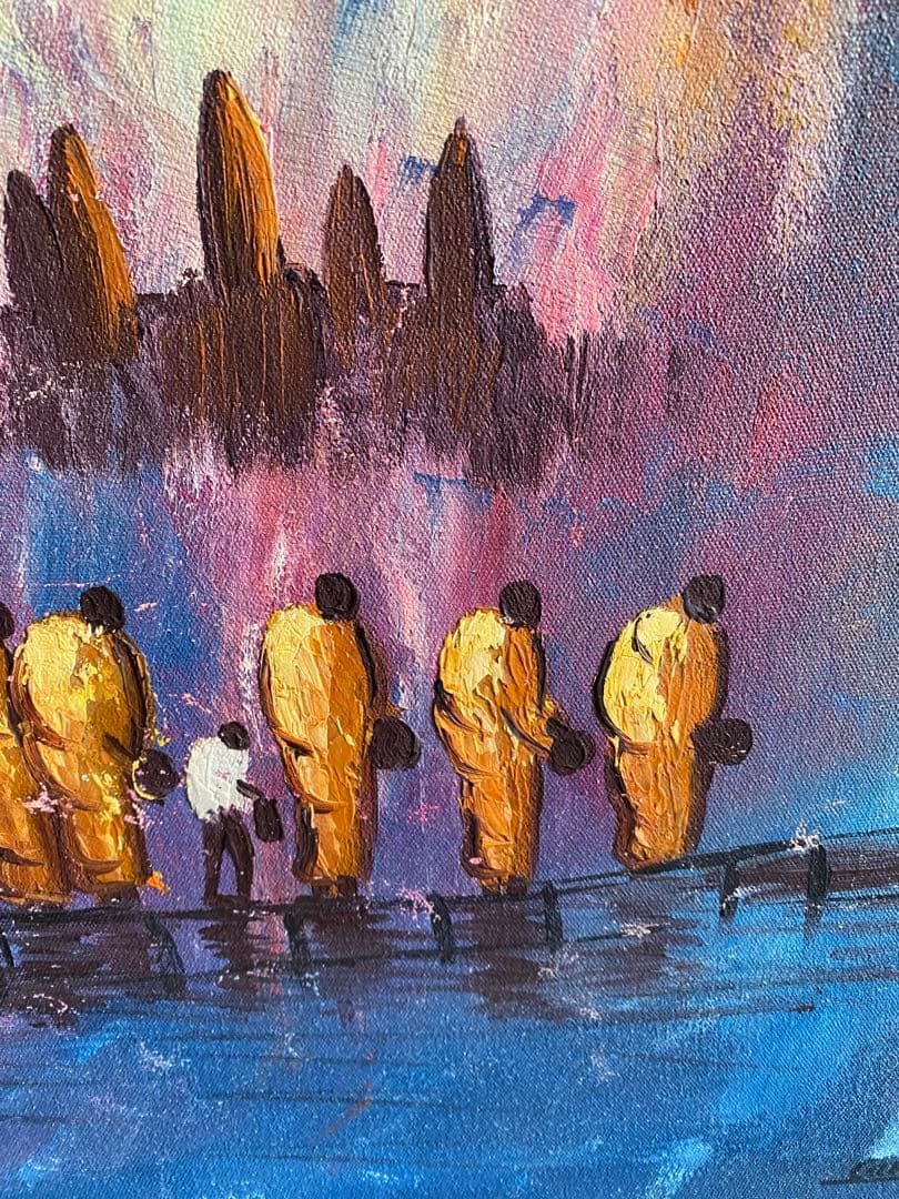 抽象画 青 紫 金色 キャンバス