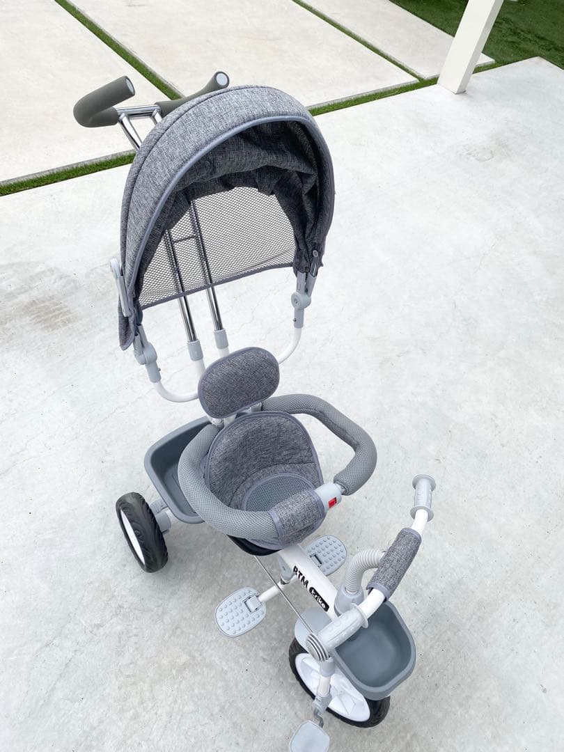 BTM 三輪車 手押し 舵取り棒 ベビーカー 自転車本体 グレー 屋根付き