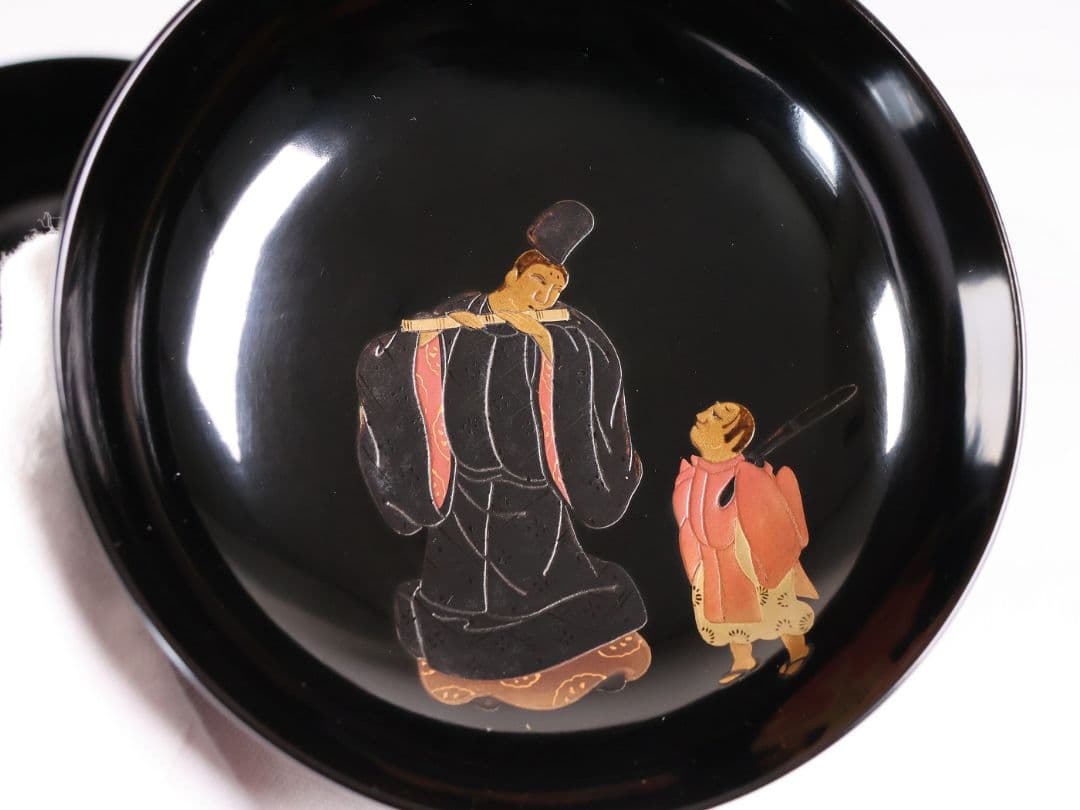 MB195】輪島塗 天然木漆塗 黒塗椀 二客 蒔絵 大和絵 源氏絵 人物 昭和
