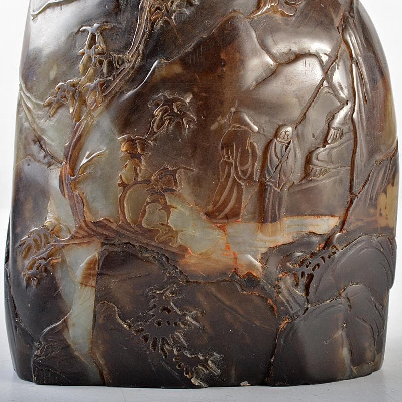 中国　玉石彫刻　山水人物刻　置物　合わせ箱　M　R5746