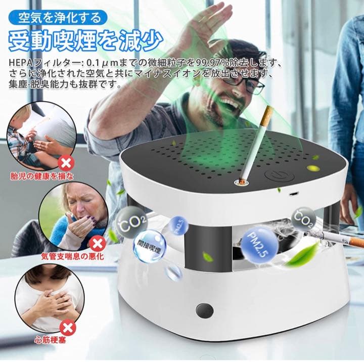 灰皿 空気清浄機 スモークレス灰皿 卓上 イオン発生器 高性能活性炭フィルター
