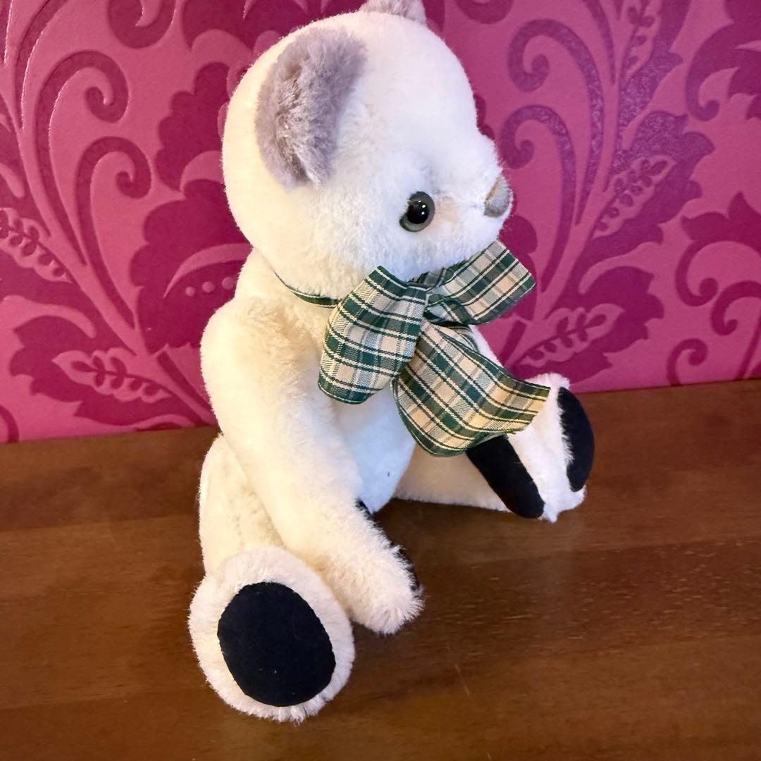 作家物　ホワイトテディベア　 チェック柄リボン　28cm
