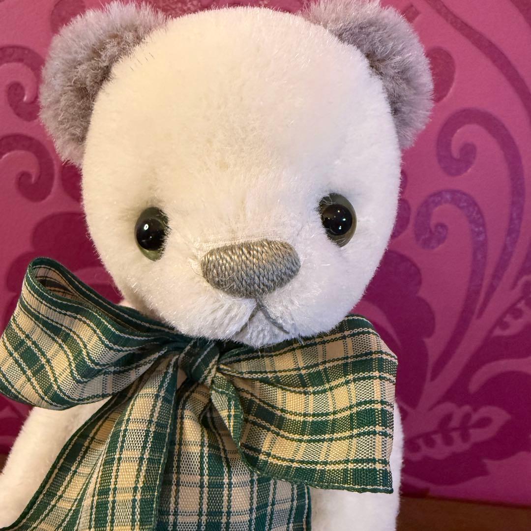 作家物　ホワイトテディベア　 チェック柄リボン　28cm