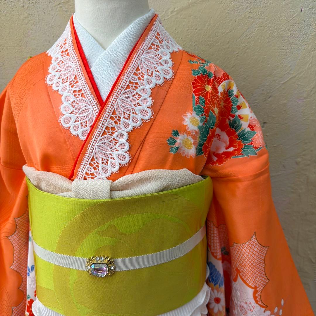 No.k006七五三 7歳 着物 フルセット オレンジ可愛い系※シミあり