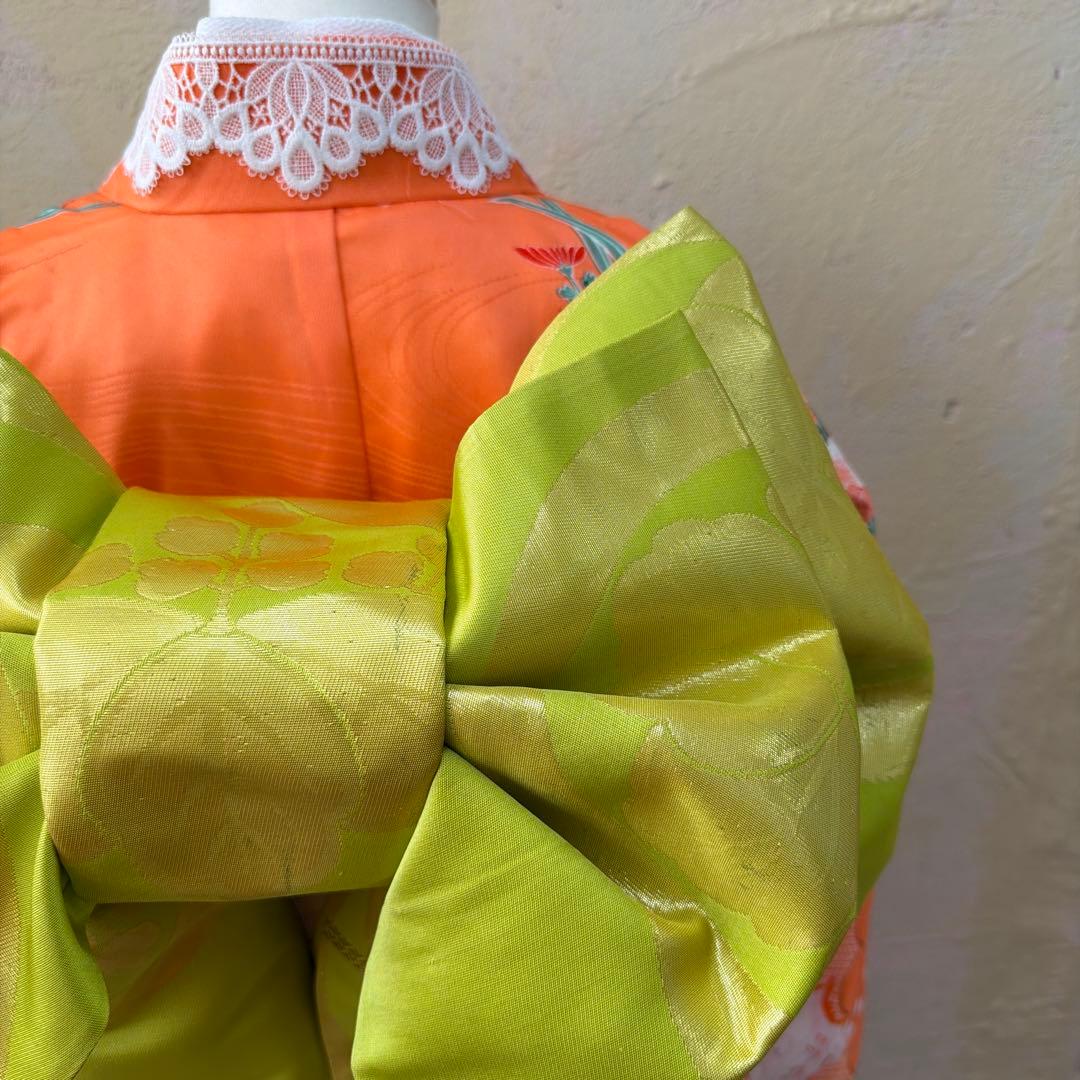 No.k006七五三 7歳 着物 フルセット オレンジ可愛い系※シミあり