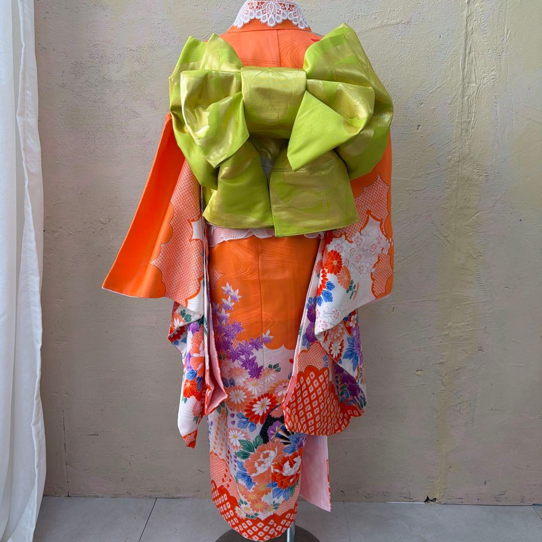 No.k006七五三 7歳 着物 フルセット オレンジ可愛い系※シミあり