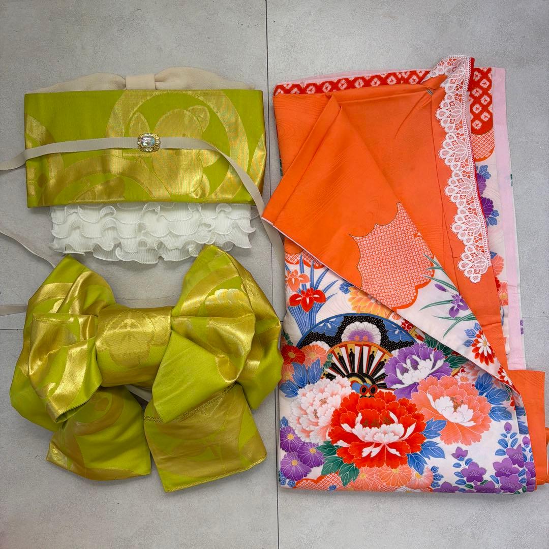 No.k006七五三 7歳 着物 フルセット オレンジ可愛い系※シミあり