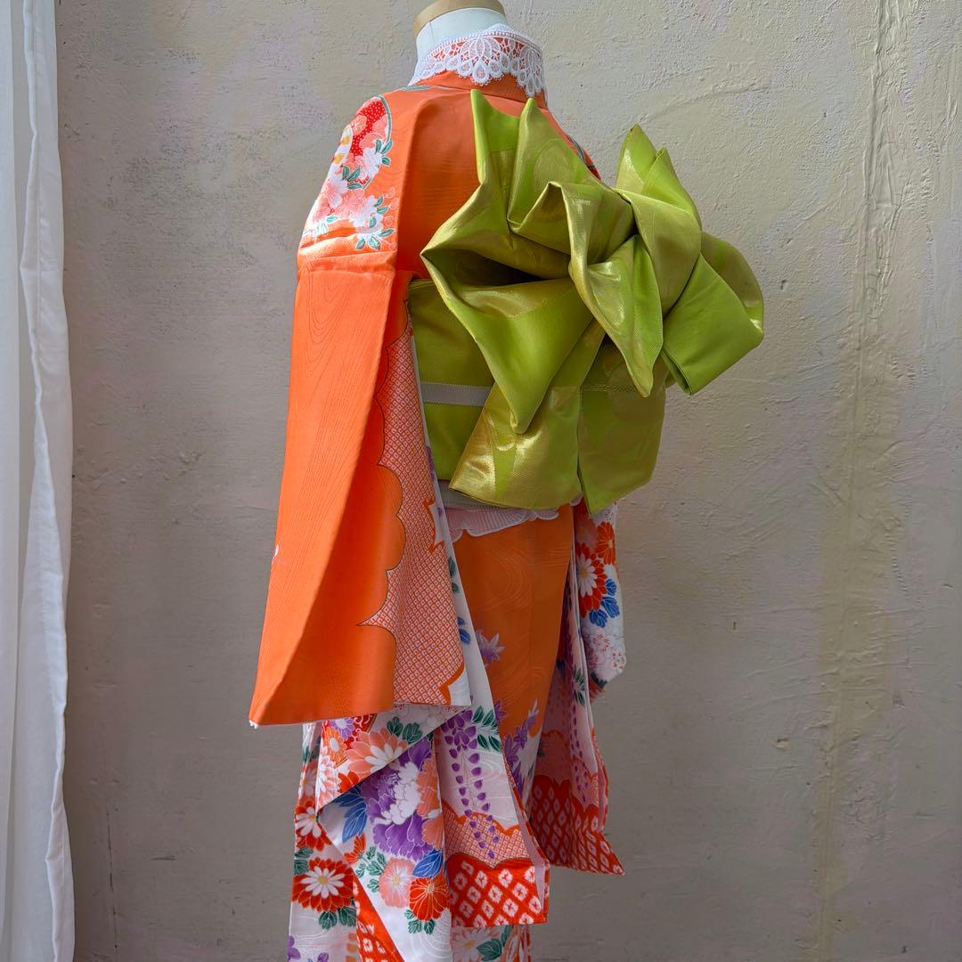 No.k006七五三 7歳 着物 フルセット オレンジ可愛い系※シミあり
