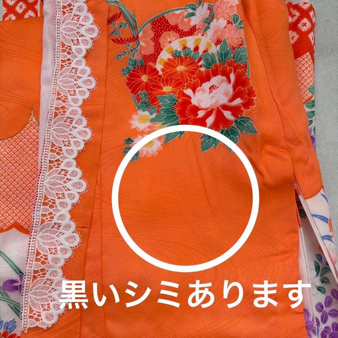 No.k006七五三 7歳 着物 フルセット オレンジ可愛い系※シミあり
