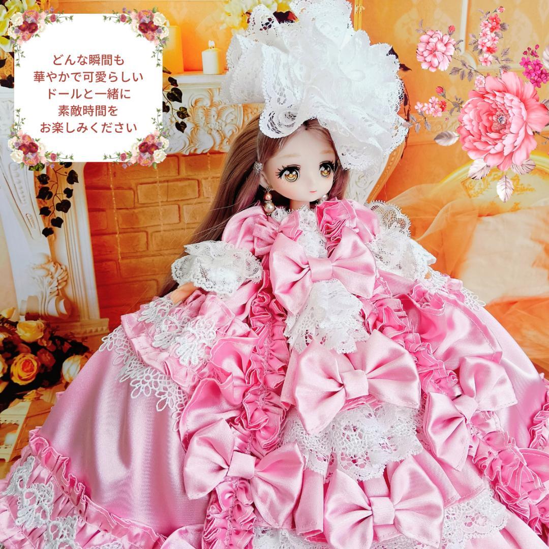みこ　リカちゃんサイズ　ピンク　リボンのロココ調ドレス　手作り　ドール服