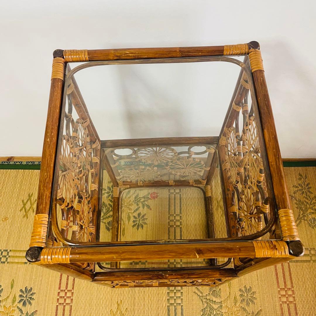 昭和レトロ ラタン 籐 ガラス 飾り棚 チェスト ヴィンテージ アンティーク