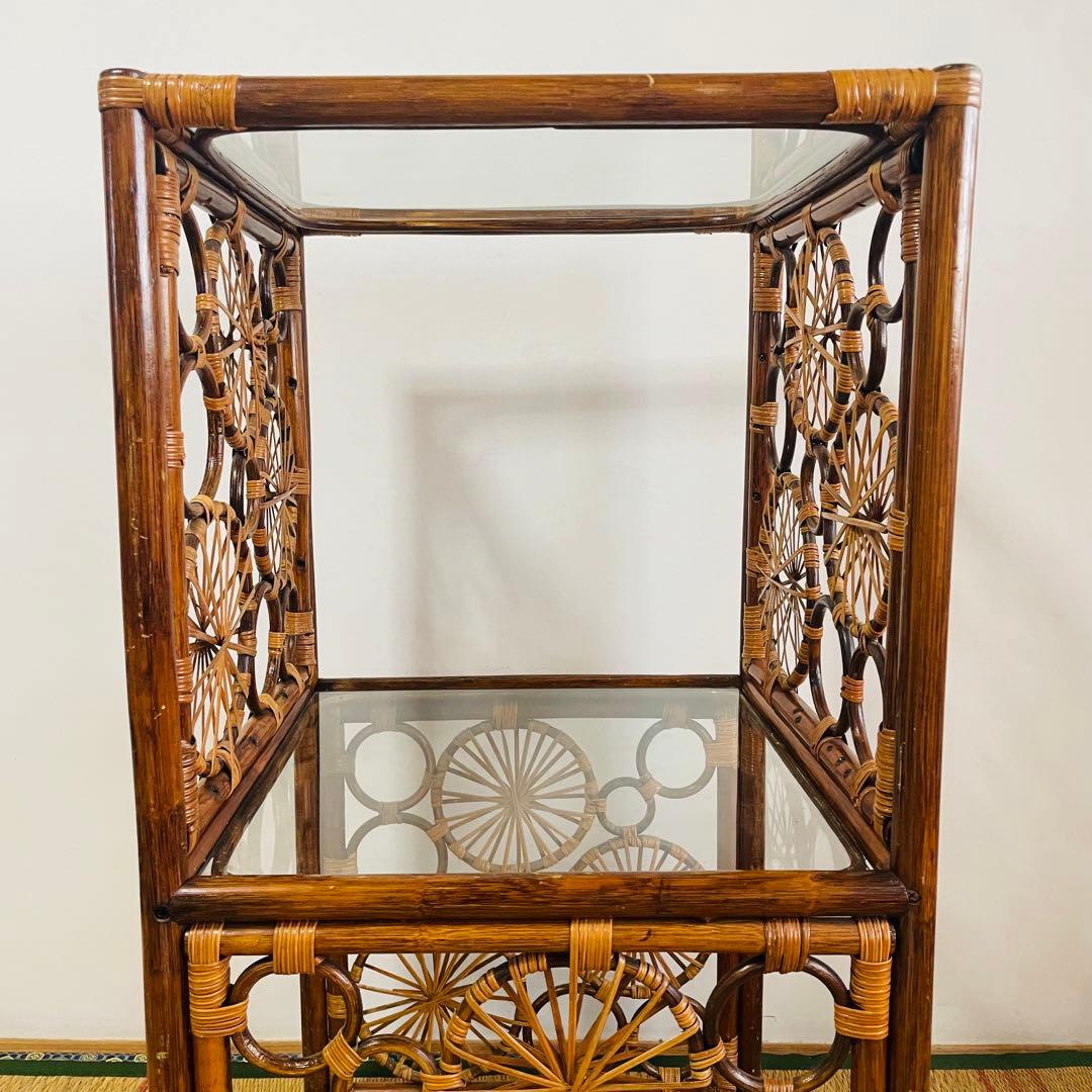 昭和レトロ ラタン 籐 ガラス 飾り棚 チェスト ヴィンテージ アンティーク