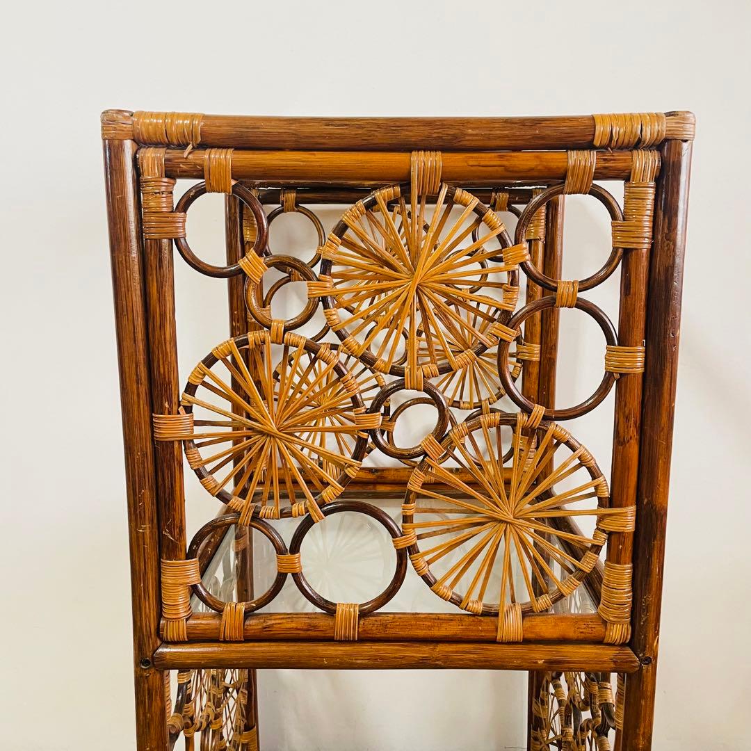 昭和レトロ ラタン 籐 ガラス 飾り棚 チェスト ヴィンテージ アンティーク