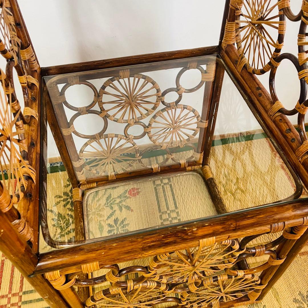 昭和レトロ ラタン 籐 ガラス 飾り棚 チェスト ヴィンテージ アンティーク