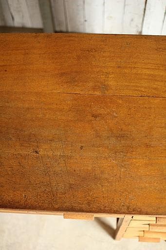 古い木製の片袖机　小引き出し6杯　ワークデスク　作業台　引き出し　古家具