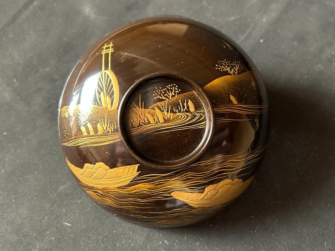 時代 輪島塗 本金蒔絵 絵替り 黒塗 天然木 吸物椀 9客 茶懐石道具980