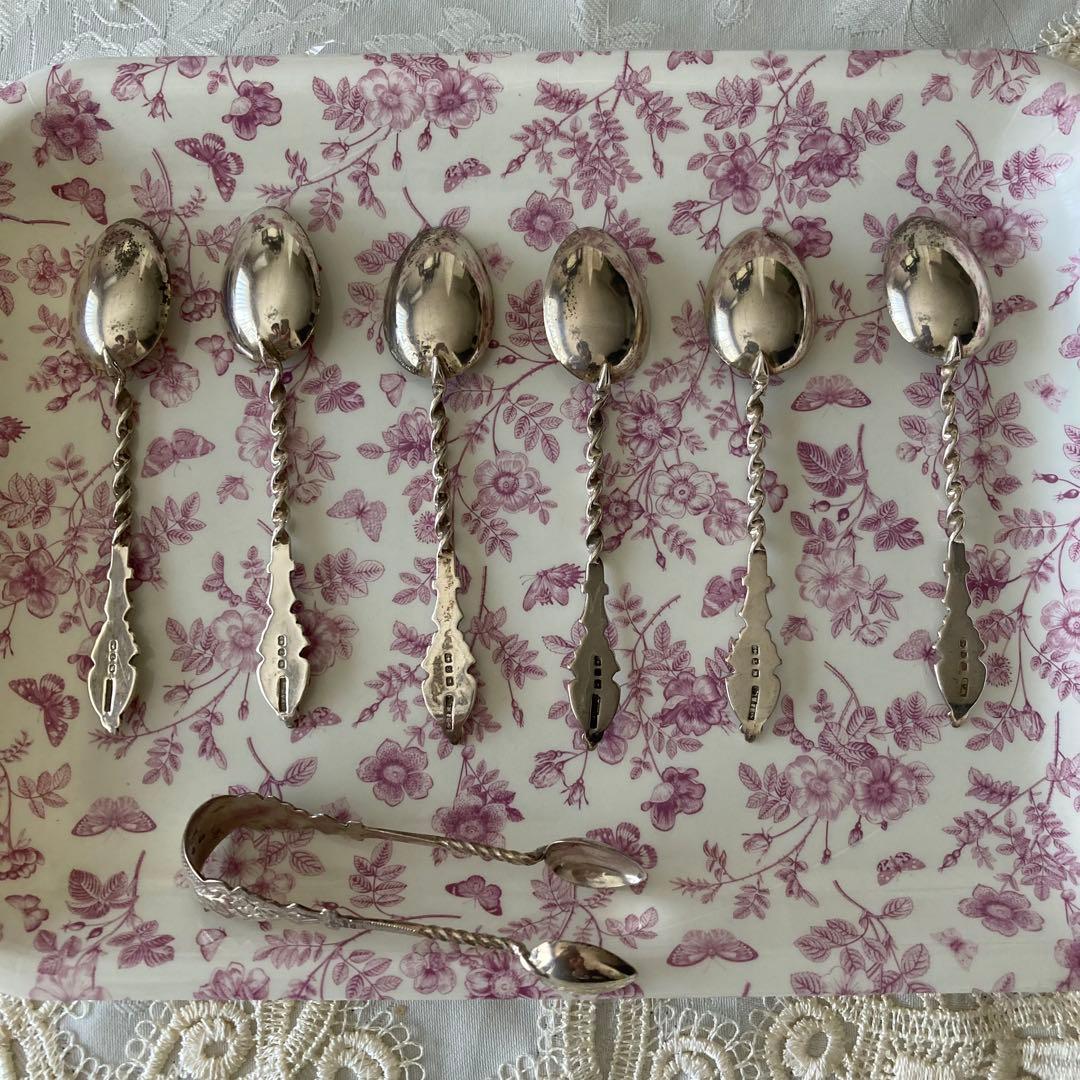 英国アンティーク 純銀製ティースプーン&トングセット　英国バーミンガム