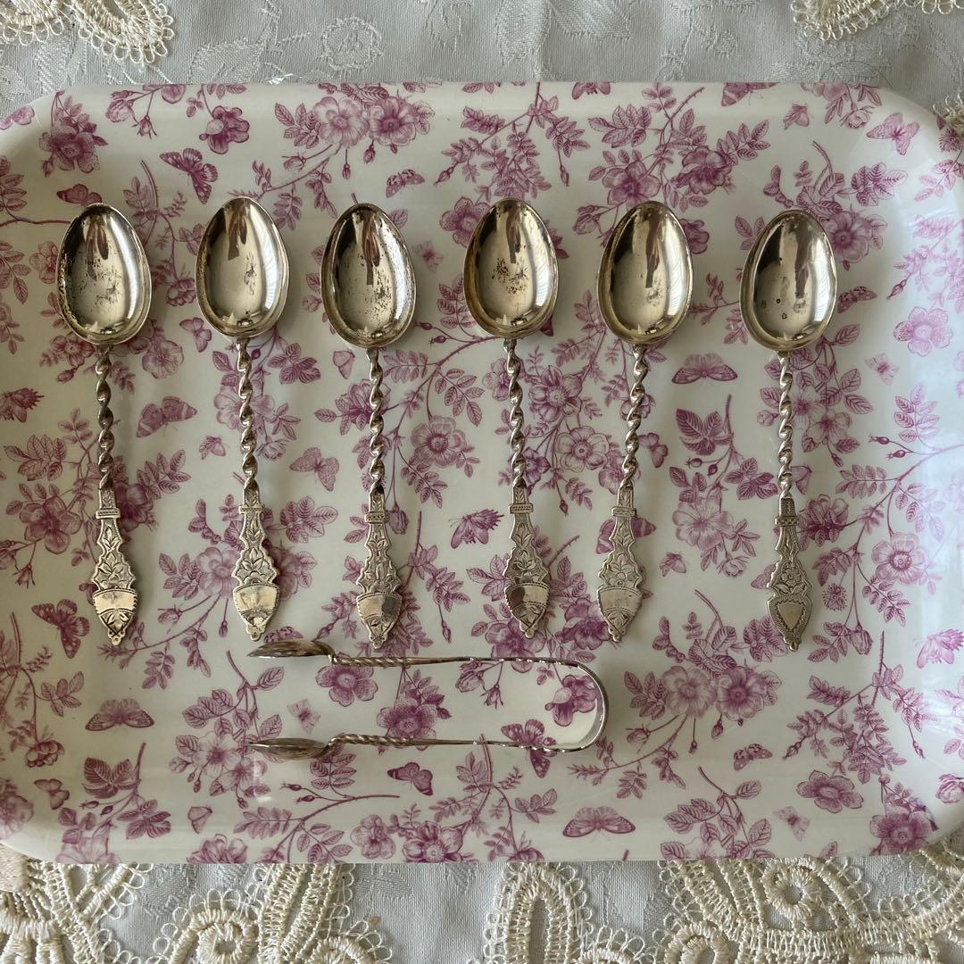 英国アンティーク 純銀製ティースプーン&トングセット　英国バーミンガム