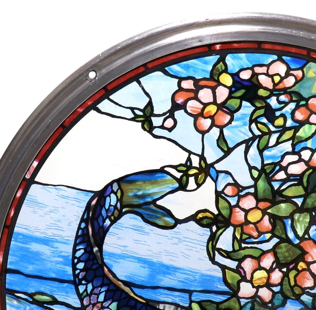 ジョン・ラファージ 丸型大型 ヴィンテージステンドグラス 花と鯉 ボストン美術館