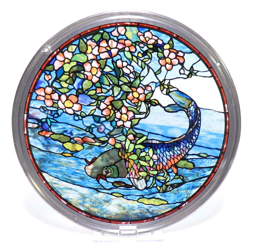 ジョン・ラファージ 丸型大型 ヴィンテージステンドグラス 花と鯉 ボストン美術館