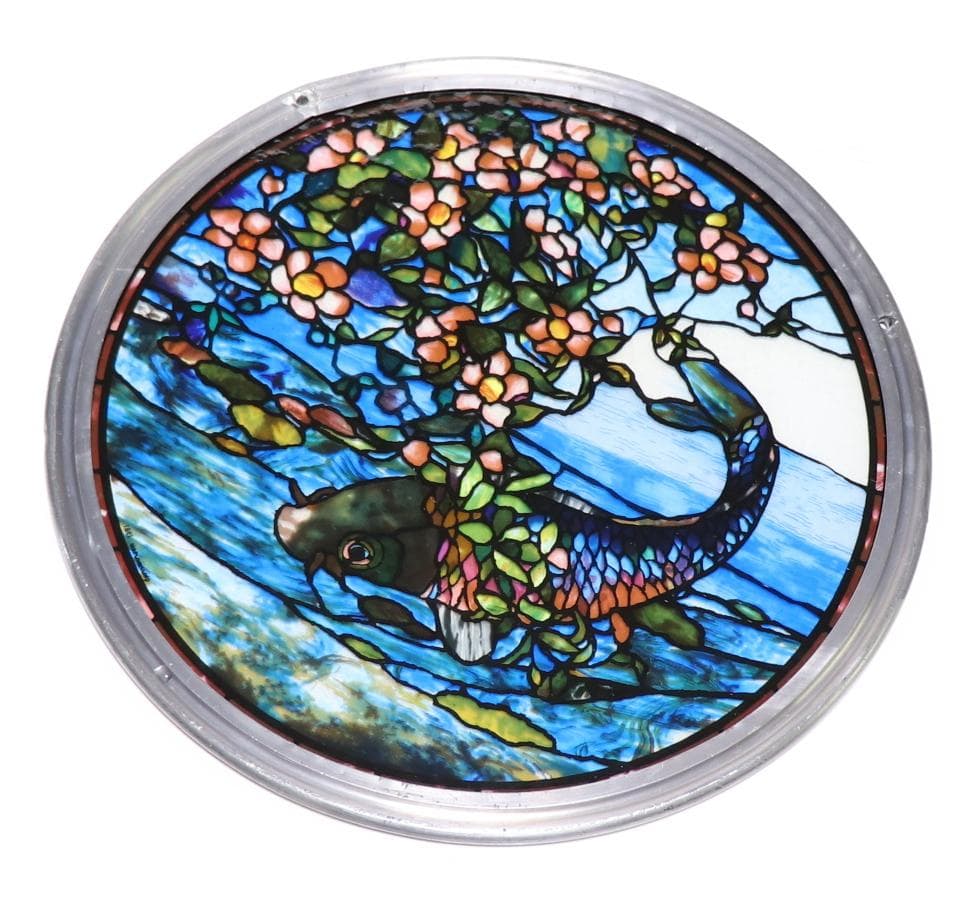ジョン・ラファージ 丸型大型 ヴィンテージステンドグラス 花と鯉 ボストン美術館