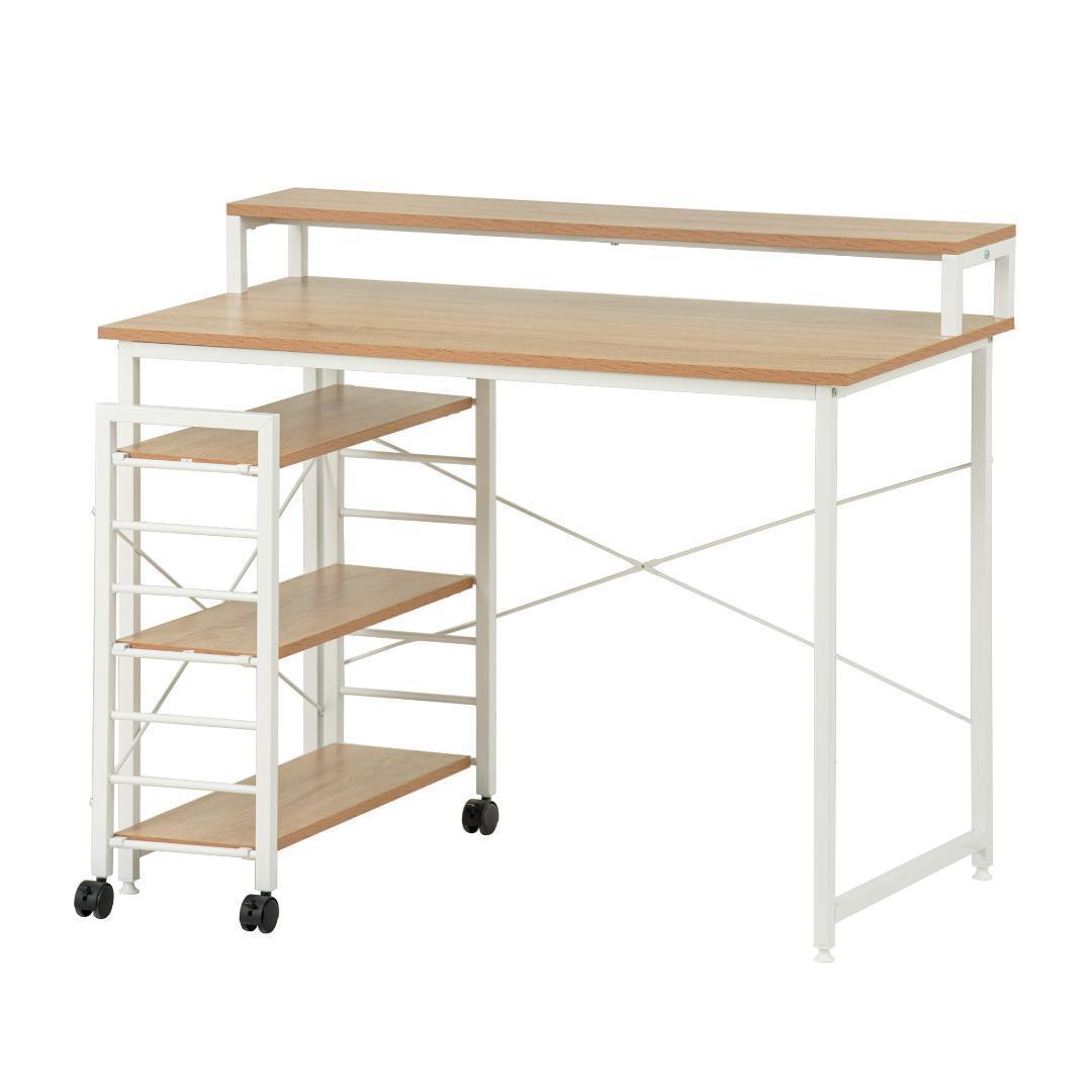 【ナチュラル】パソコンデスク キャスター付きで移動可能ラック付き