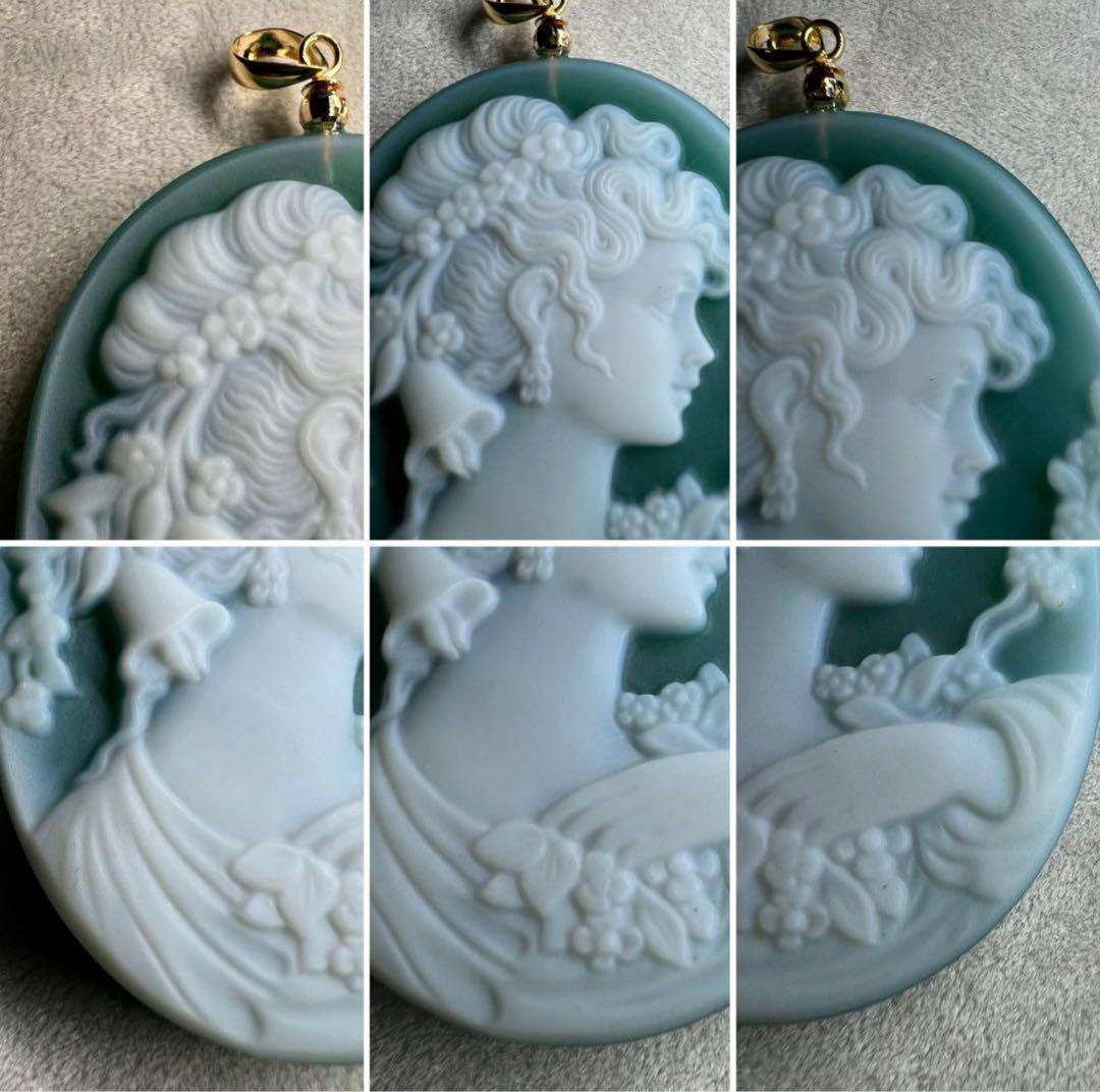 【極上の描写☆】メノウ カメオ　グリーン　k18 ペンダンド