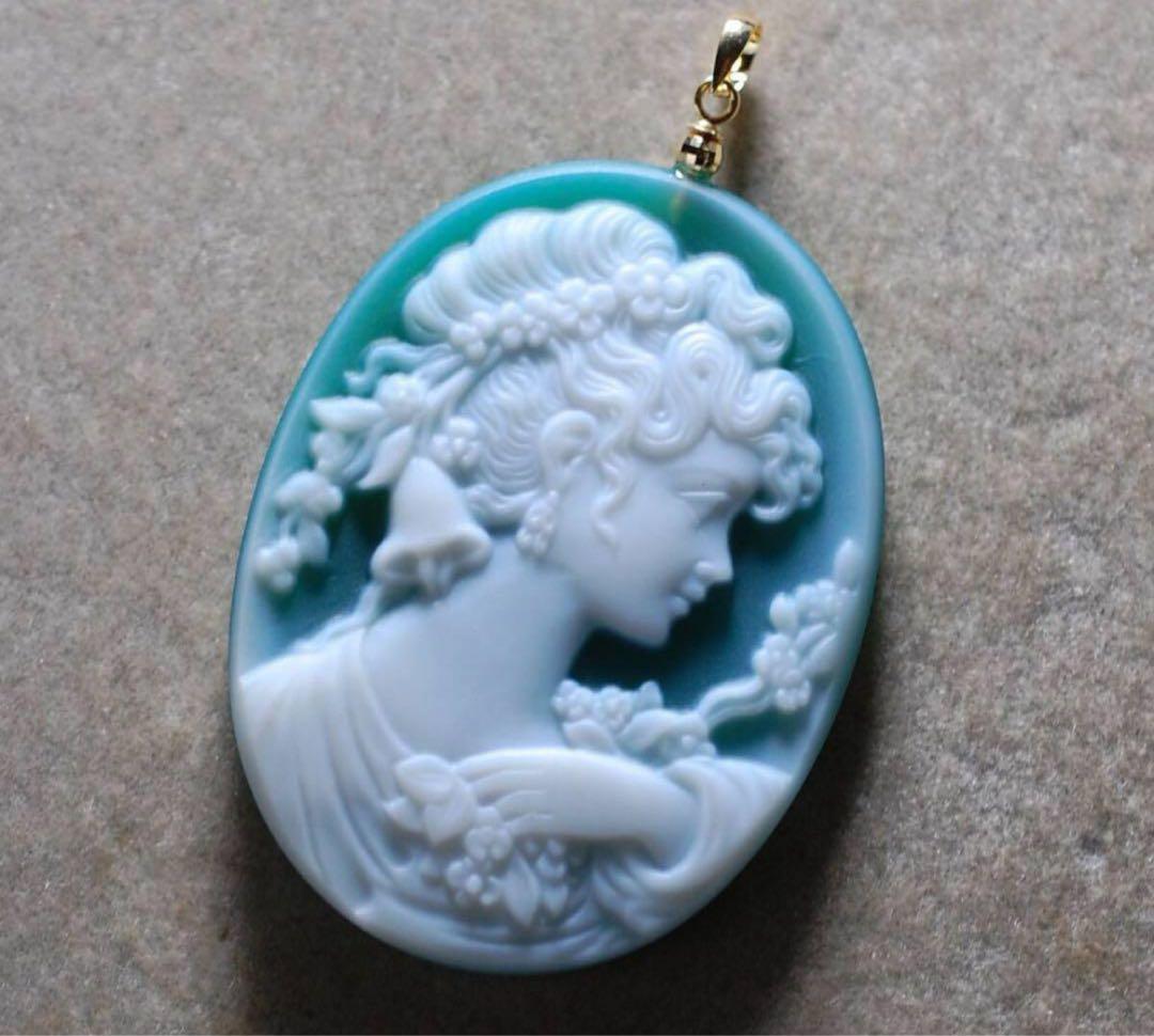 【極上の描写☆】メノウ カメオ　グリーン　k18 ペンダンド