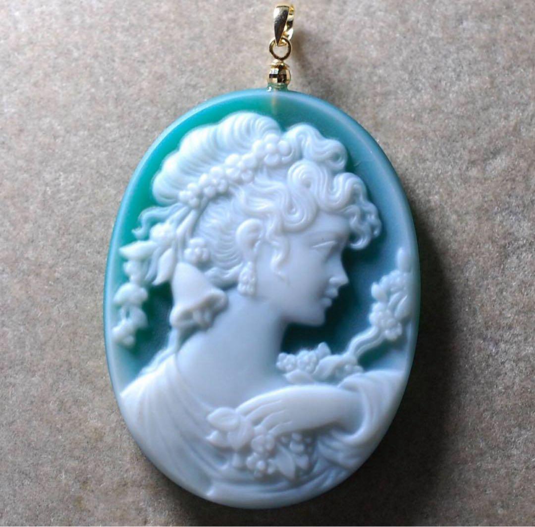 【極上の描写☆】メノウ カメオ　グリーン　k18 ペンダンド