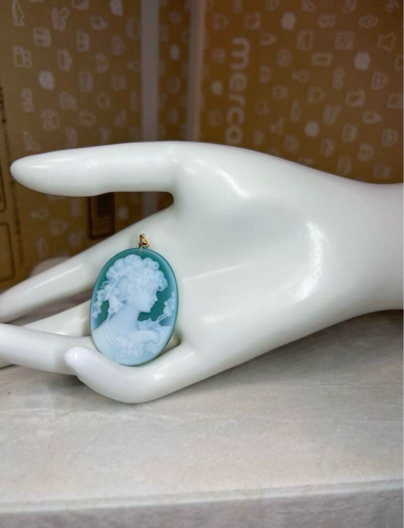 【極上の描写☆】メノウ カメオ　グリーン　k18 ペンダンド