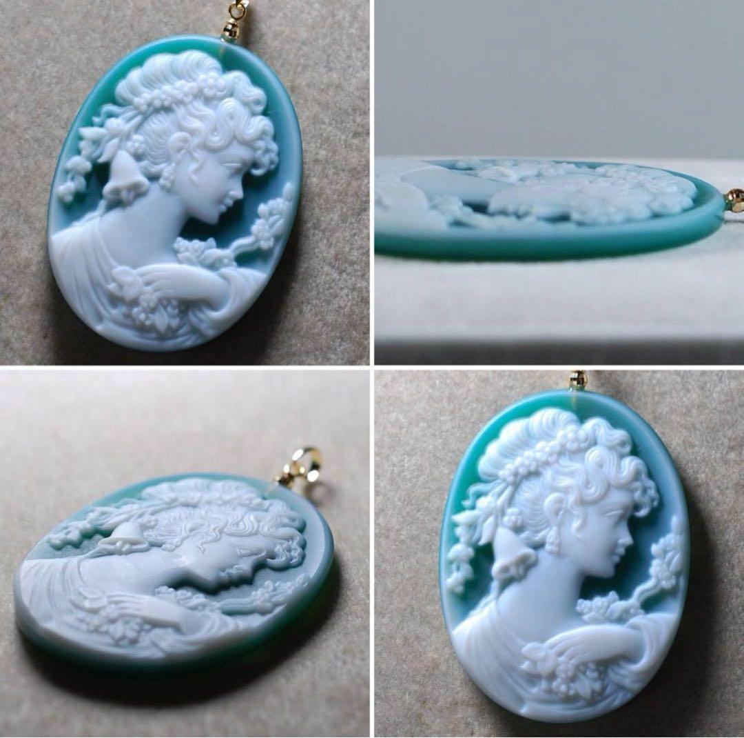 【極上の描写☆】メノウ カメオ　グリーン　k18 ペンダンド