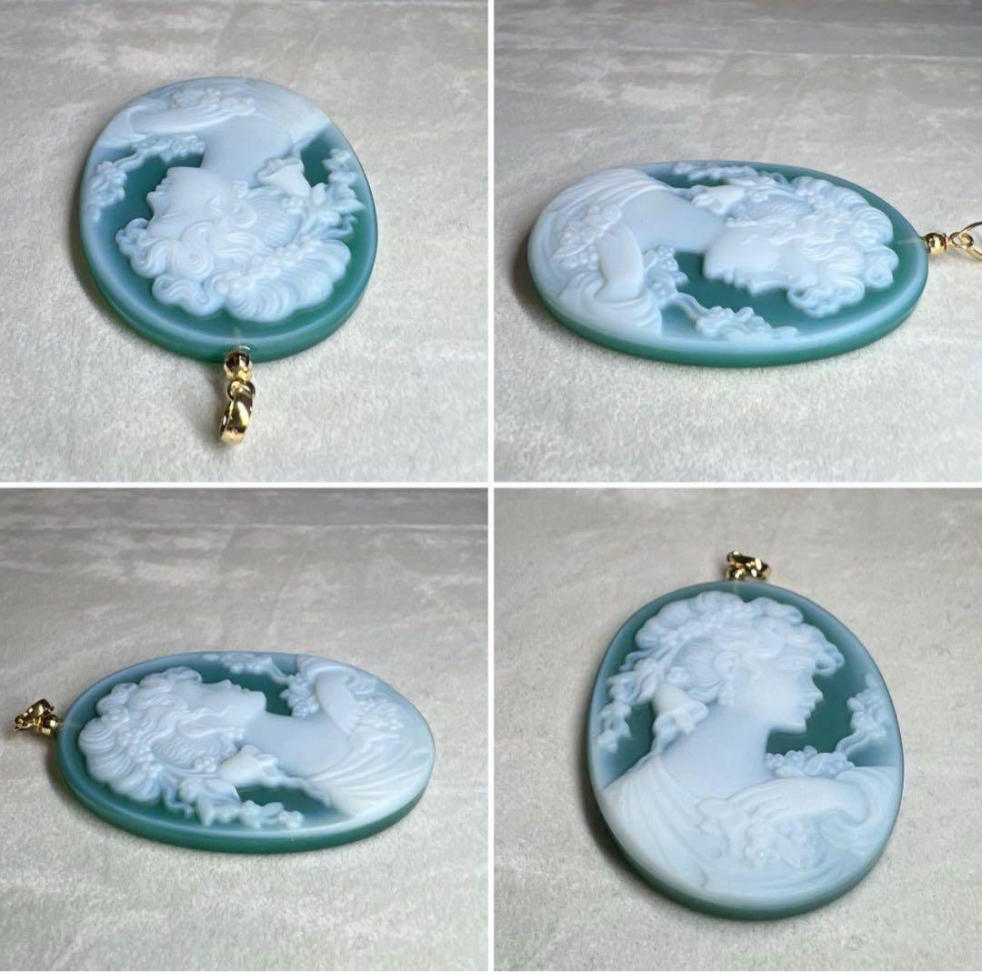 【極上の描写☆】メノウ カメオ　グリーン　k18 ペンダンド