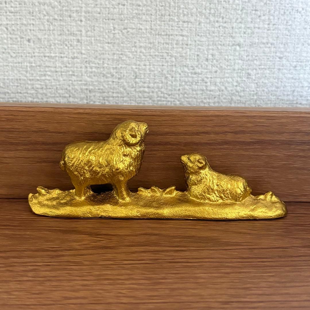 【未使用】日本書道院 「高岡銅・鉄器」親子末 干支文鎮 金色 文鎮 置物　羊