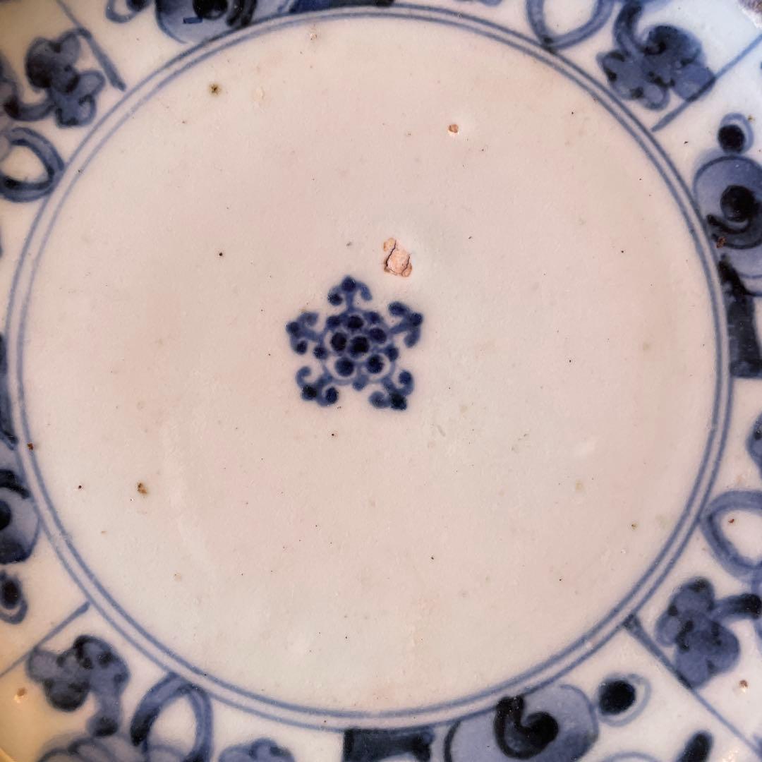 江戸中期　古伊万里　窓絵　染付　輪花型　中皿　7寸皿