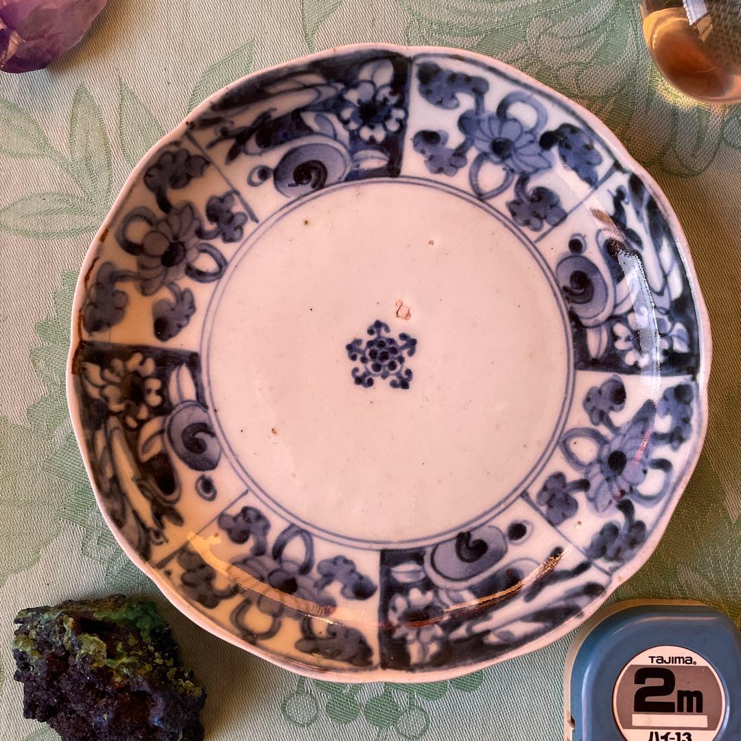 江戸中期　古伊万里　窓絵　染付　輪花型　中皿　7寸皿