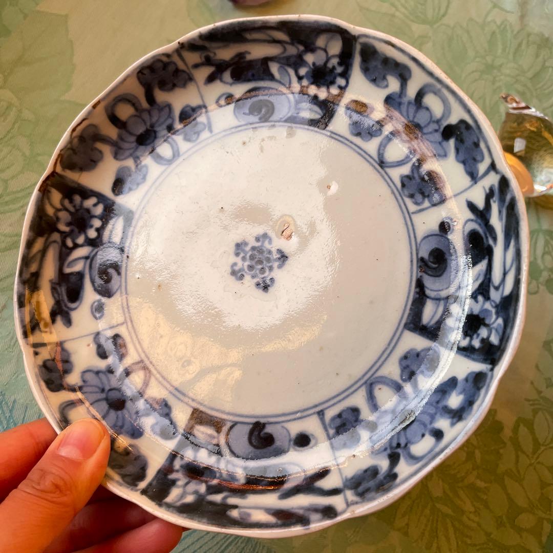 江戸中期　古伊万里　窓絵　染付　輪花型　中皿　7寸皿