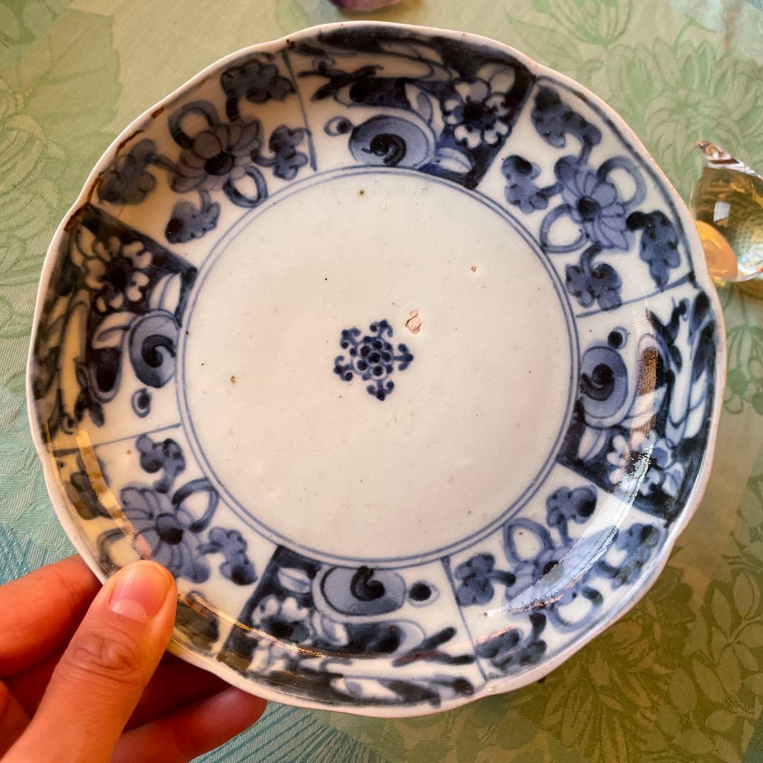 江戸中期　古伊万里　窓絵　染付　輪花型　中皿　7寸皿
