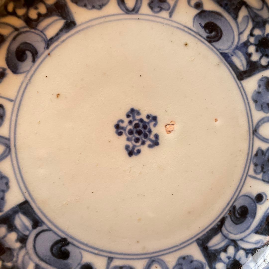江戸中期　古伊万里　窓絵　染付　輪花型　中皿　7寸皿