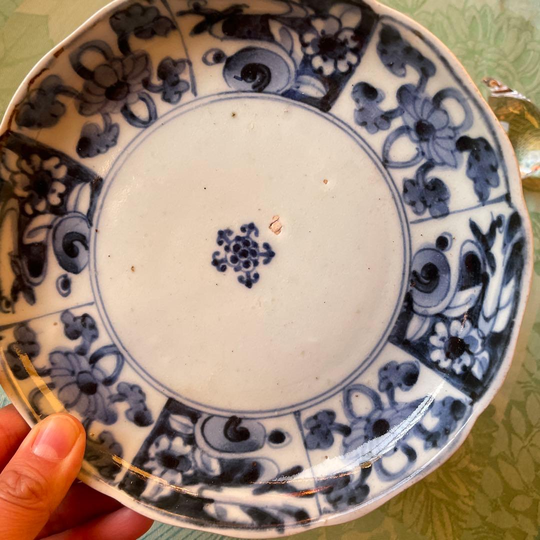 江戸中期　古伊万里　窓絵　染付　輪花型　中皿　7寸皿